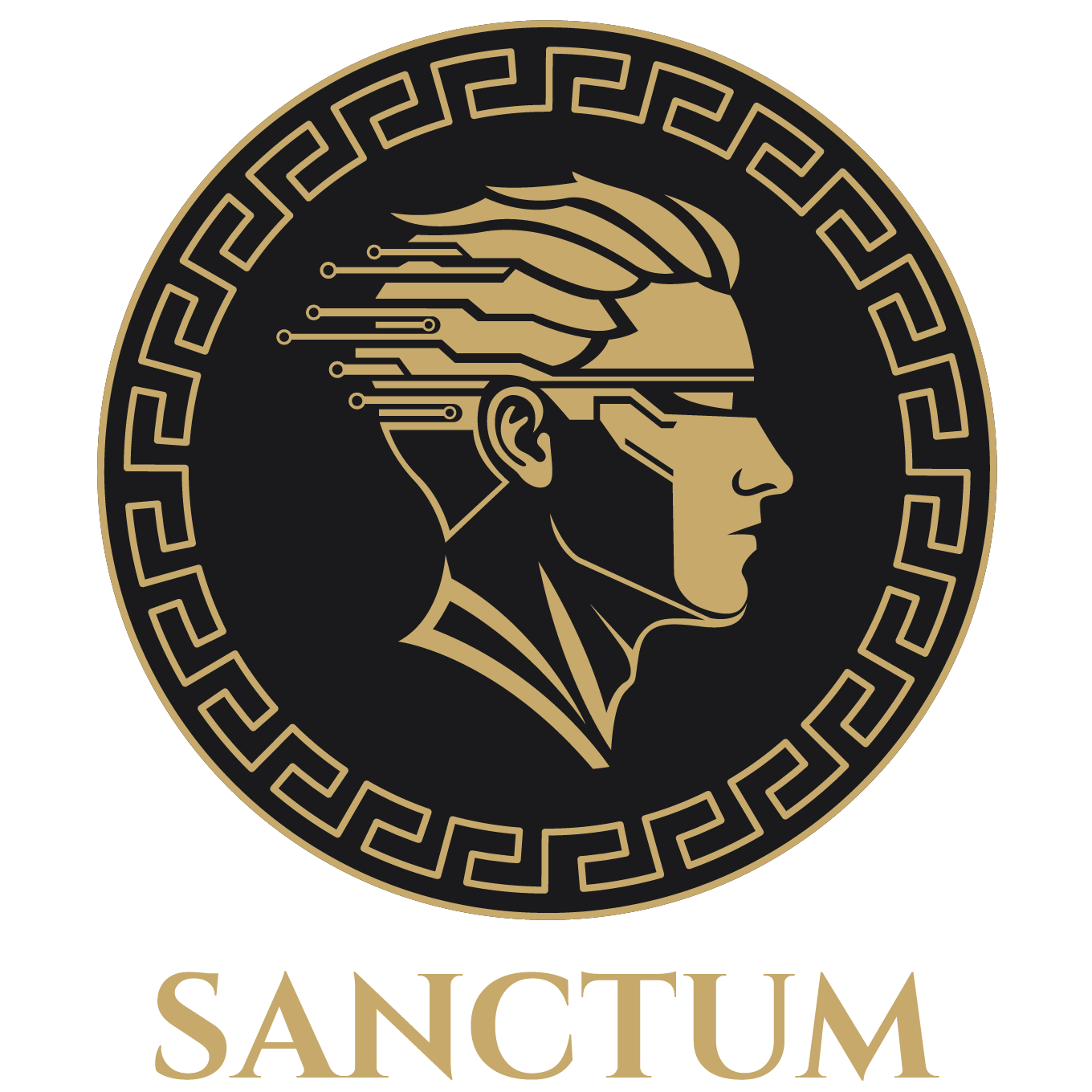 Luxury Sanctum logo featuring a Roman-style profile with futuristic circuitry elements in gold on a black background